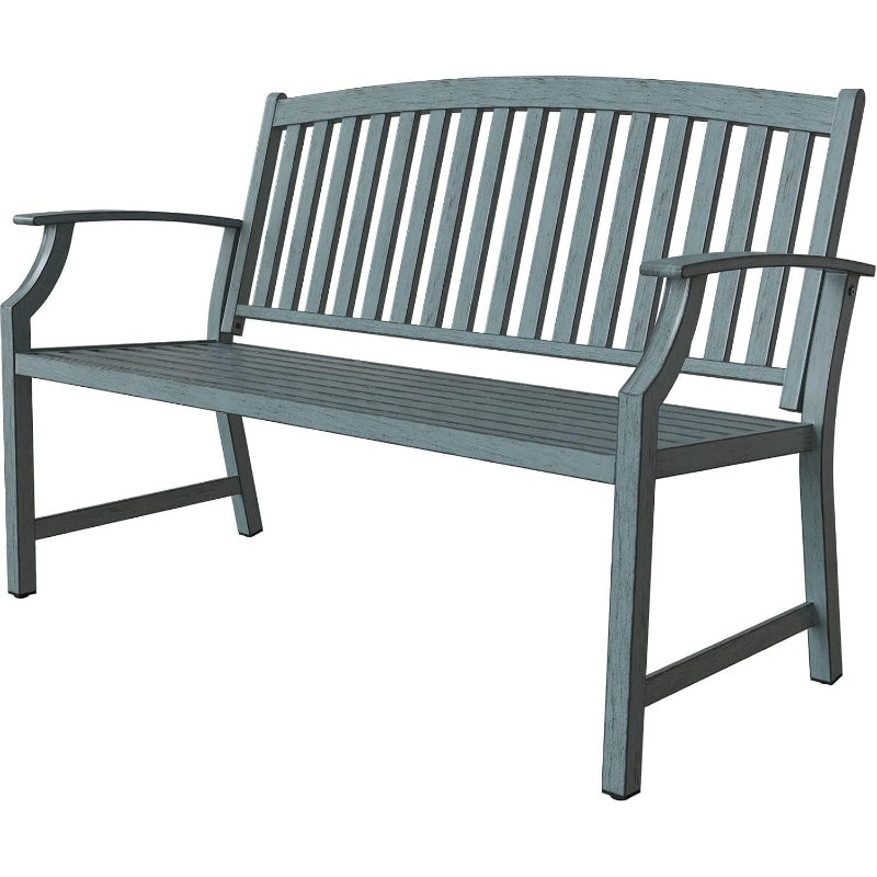 52" Farmhouse Outdoor Bench, Faux Wood Grain, Weathered Blue