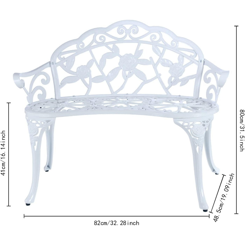 Cast Aluminum Floral Rose Outdoor Bench, White