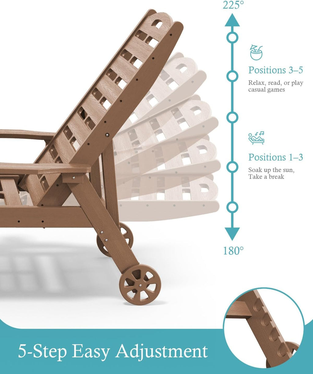 HDPE Patio Chaise Lounge, 350‑Lbs, Teak