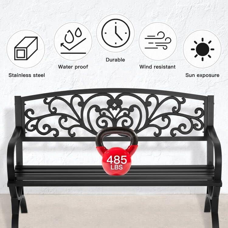50" Floral Metal Outdoor Patio Bench, Black