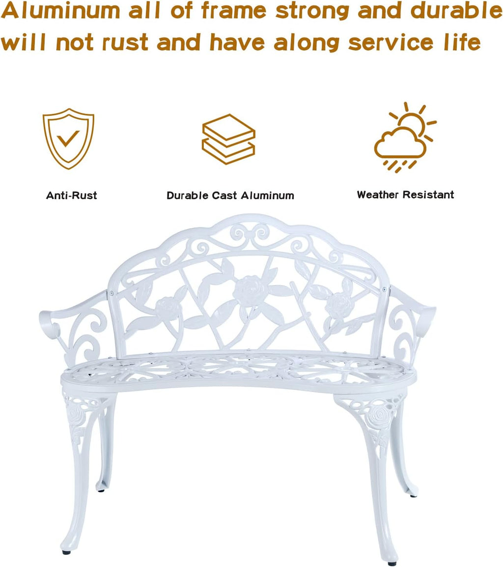 Cast Aluminum Floral Rose Outdoor Bench, White