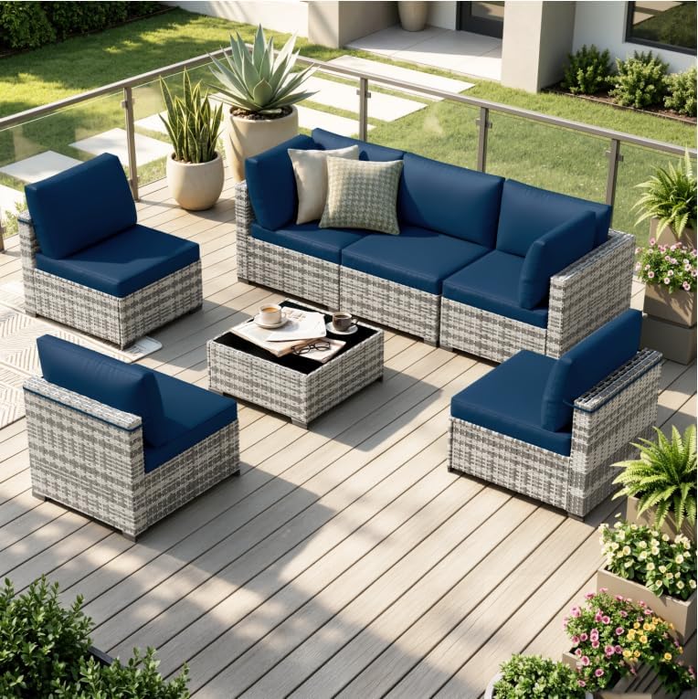 7‑Piece Wicker Patio Furniture Set with Cushions