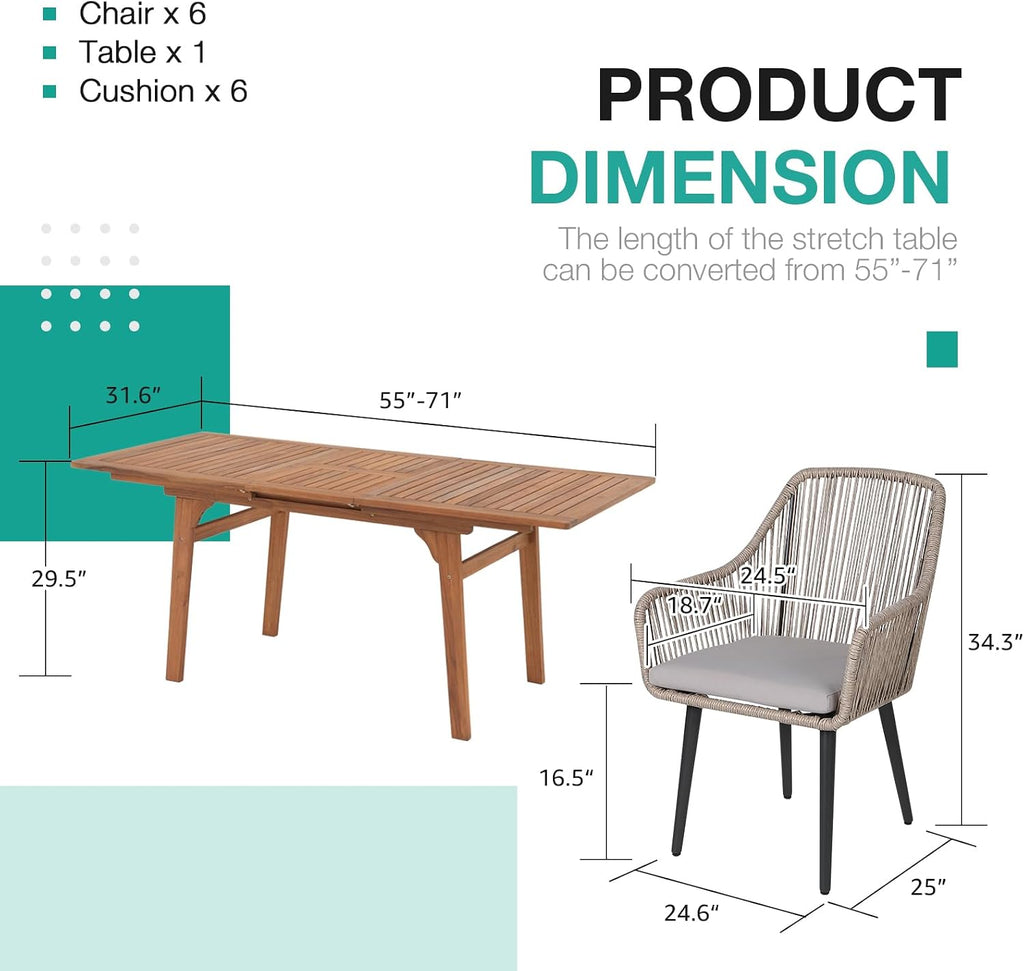 7‑Piece Patio Dining Set, Expandable Wood Table, Tan
