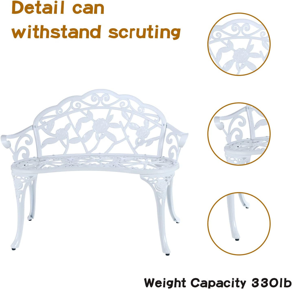 Cast Aluminum Floral Rose Outdoor Bench, White