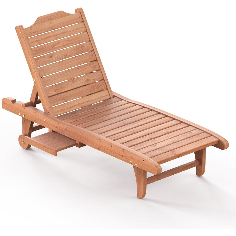 Wooden Patio Chaise Lounge with Side Tray & Wheels