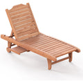 Wooden Patio Chaise Lounge with Side Tray & Wheels
