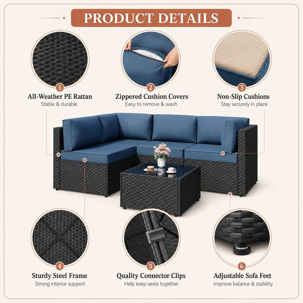 5‑Piece Wicker Patio Set with Thick Cushions