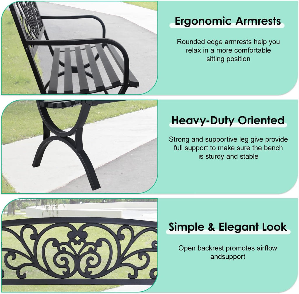 50" Black Outdoor Garden Bench, 485‑Lbs Capacity
