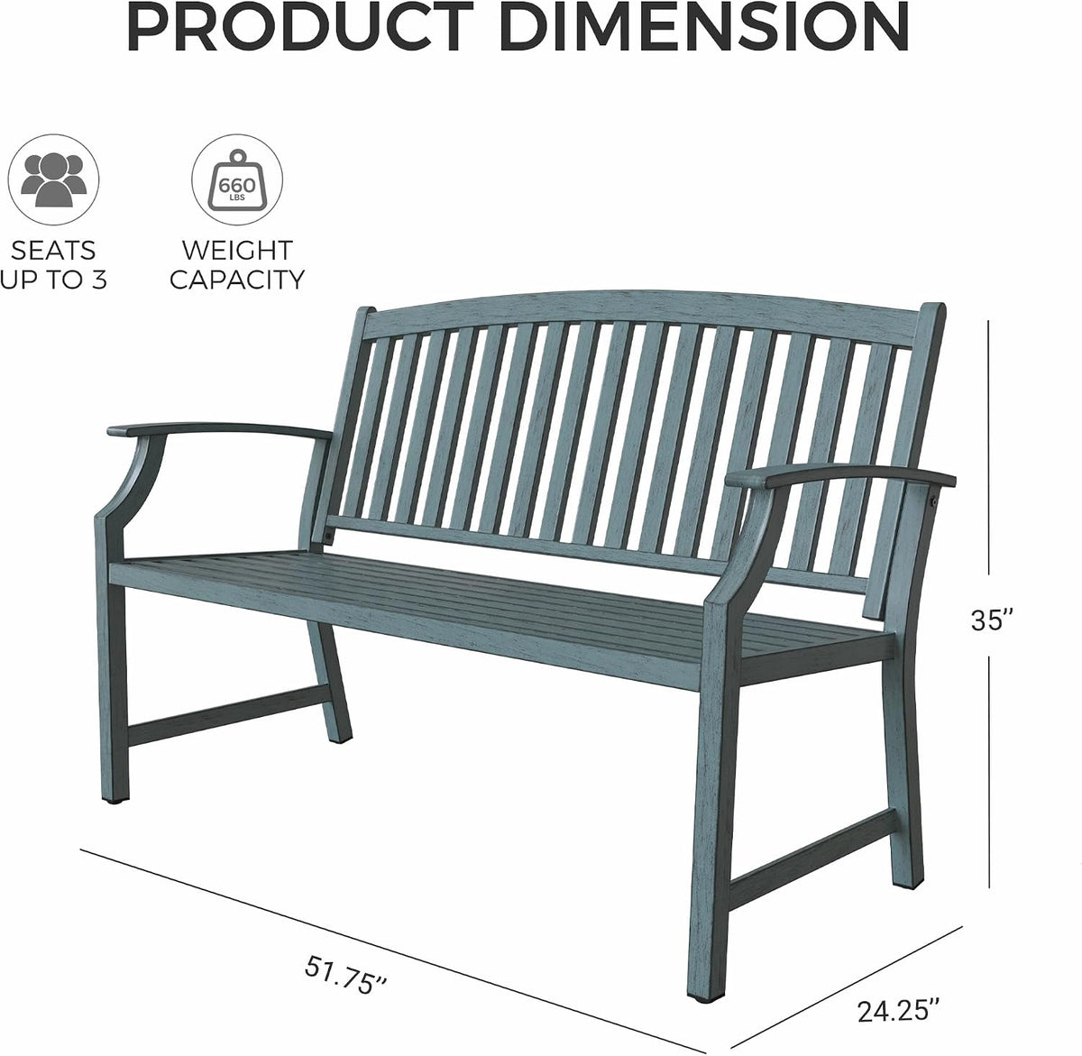 52" Farmhouse Outdoor Bench, Faux Wood Grain, Weathered Blue