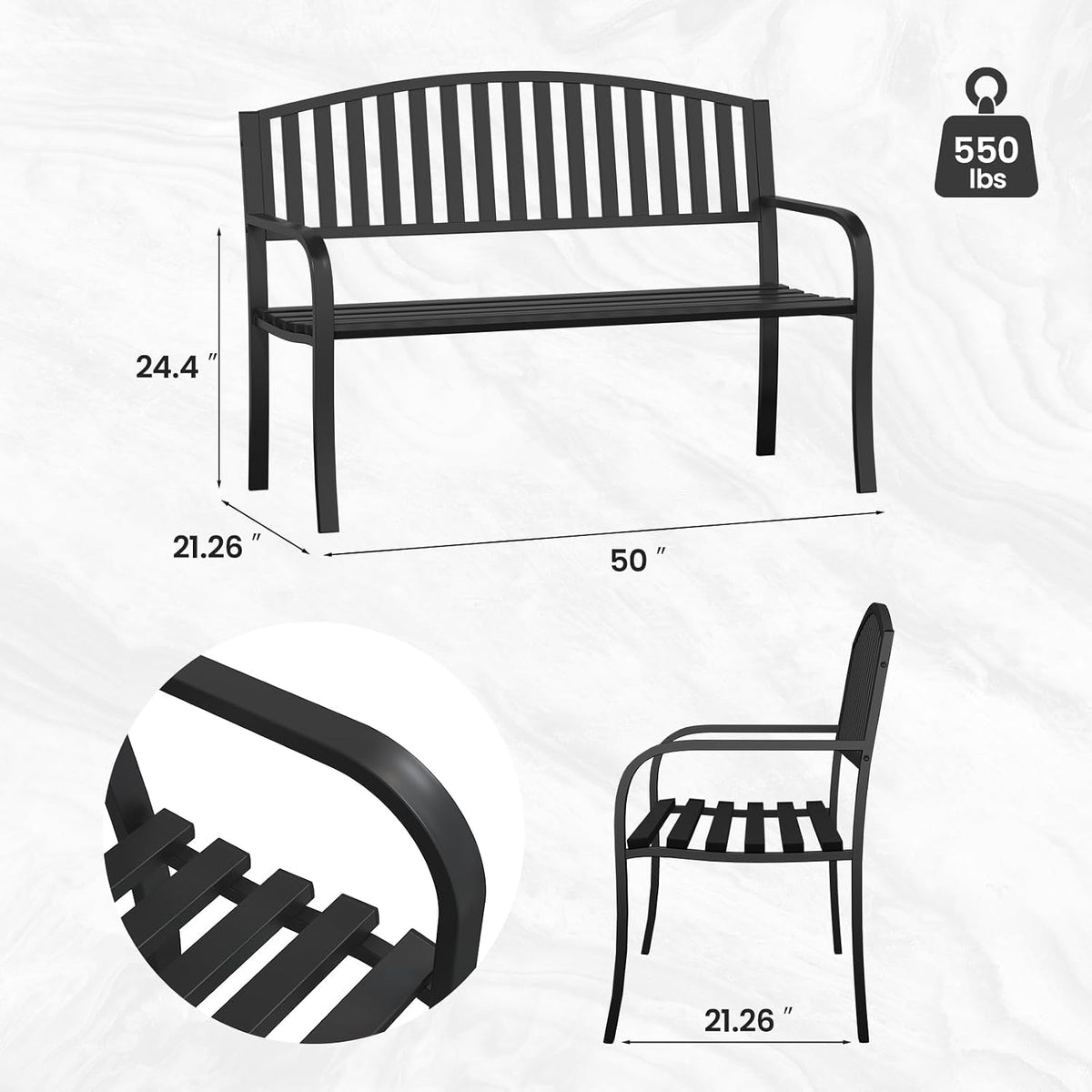 50" Heavy‑Duty Metal Outdoor Patio Bench