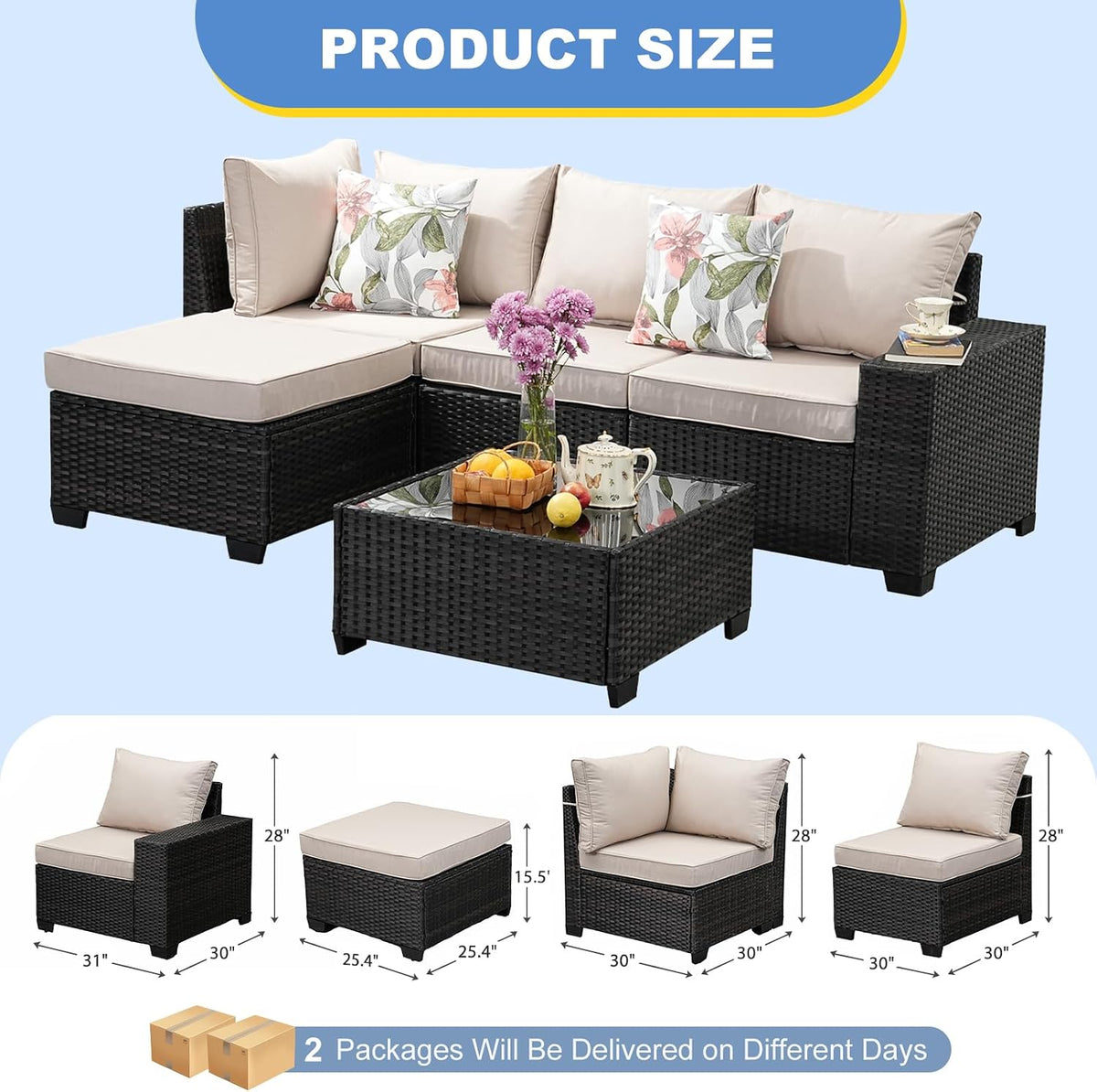 5‑Piece Wicker Patio Set with Cushions & Tea Table