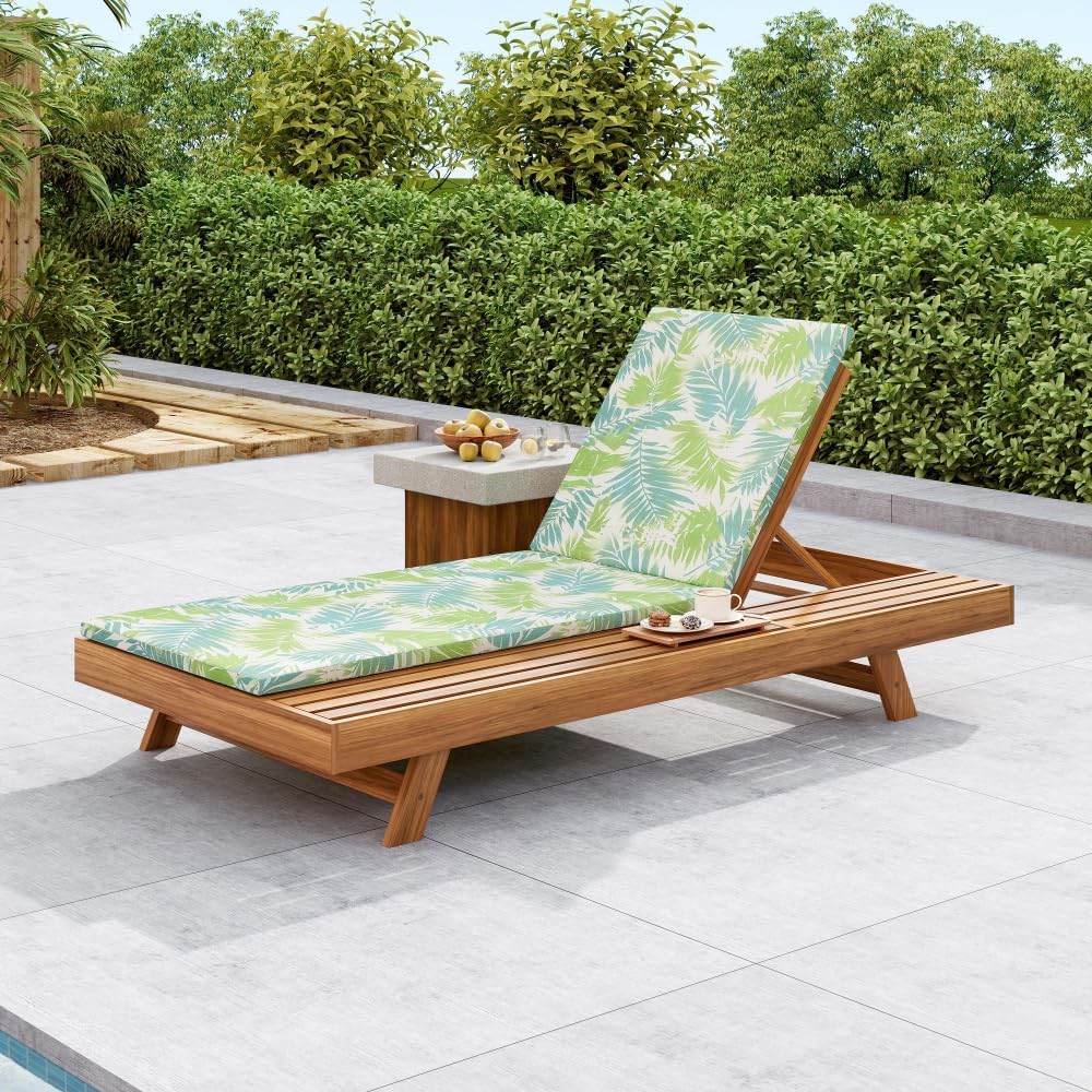 Wood Patio Chaise Lounge, Water‑Resistant Green Cushion