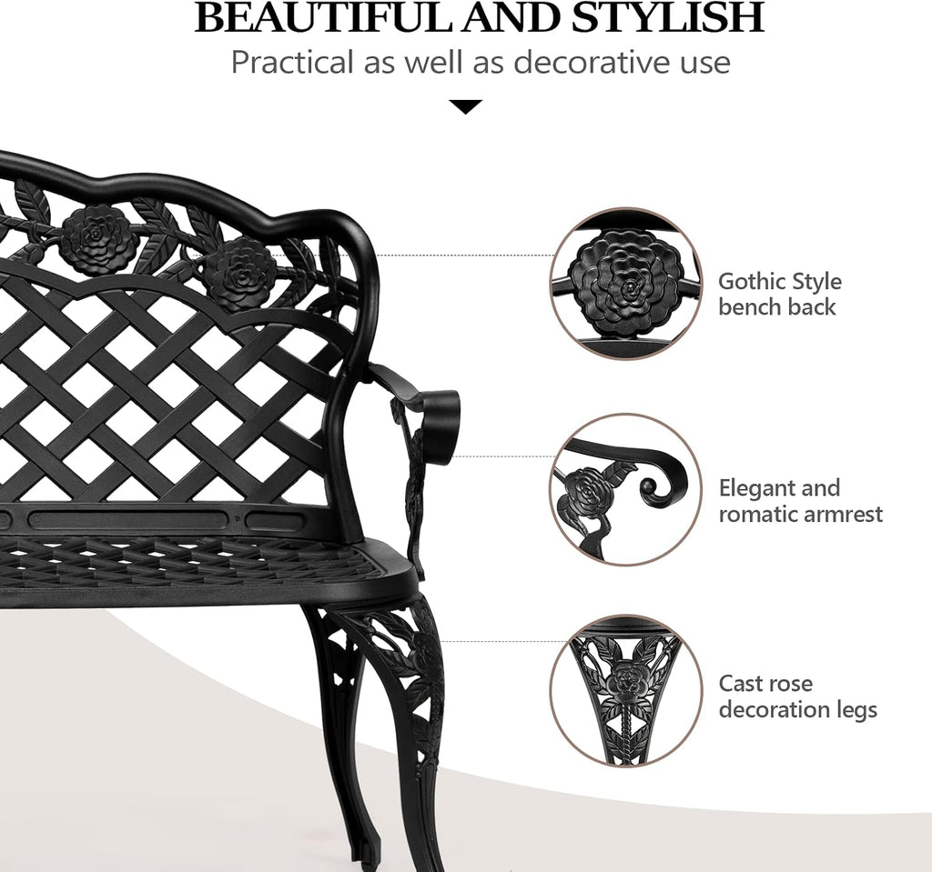 42.5" Antique Cast Aluminum Outdoor Bench, Black