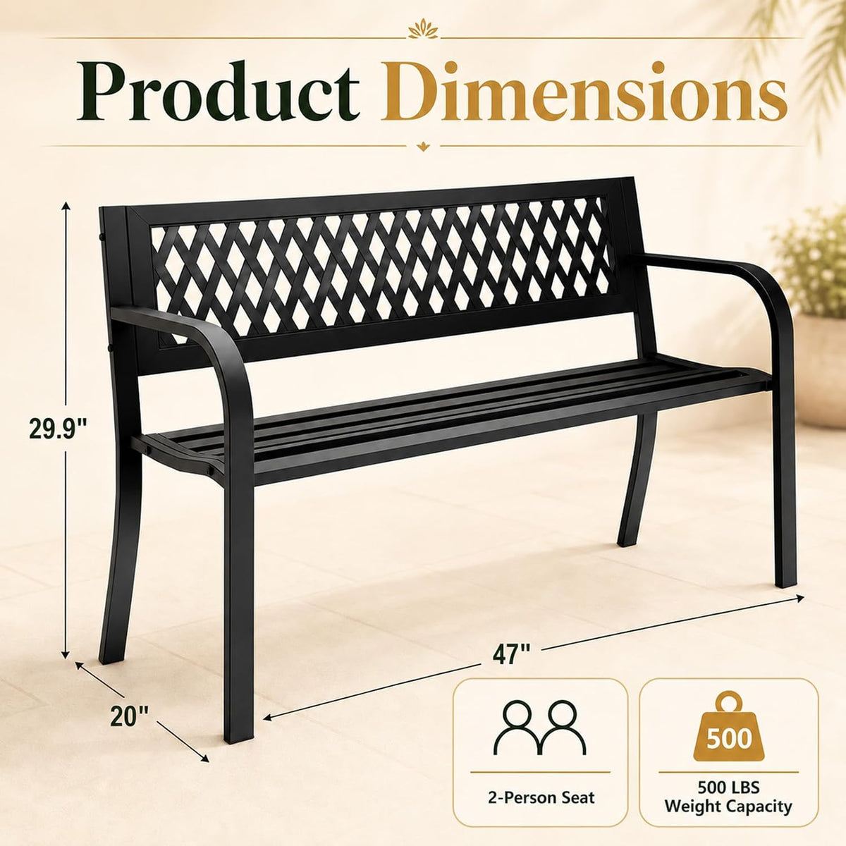 47" Backrest Outdoor Patio Bench, Black