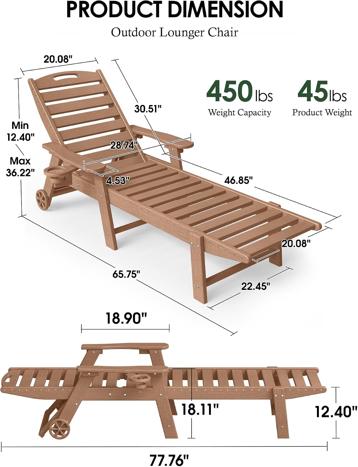 2‑Piece HDPE Patio Chaise Lounge, Teak Woodgrain
