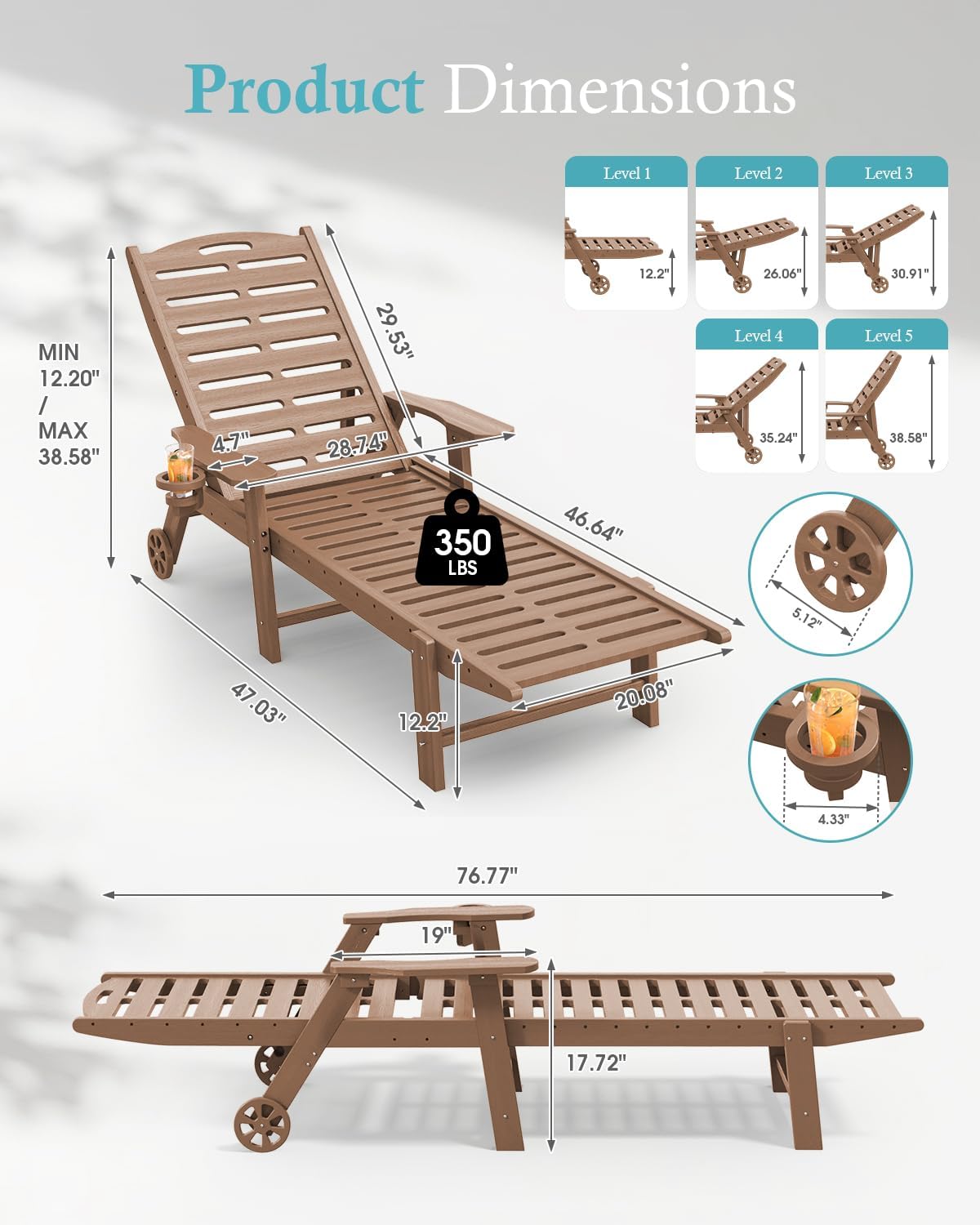 HDPE Patio Chaise Lounge, 350‑Lbs, Teak
