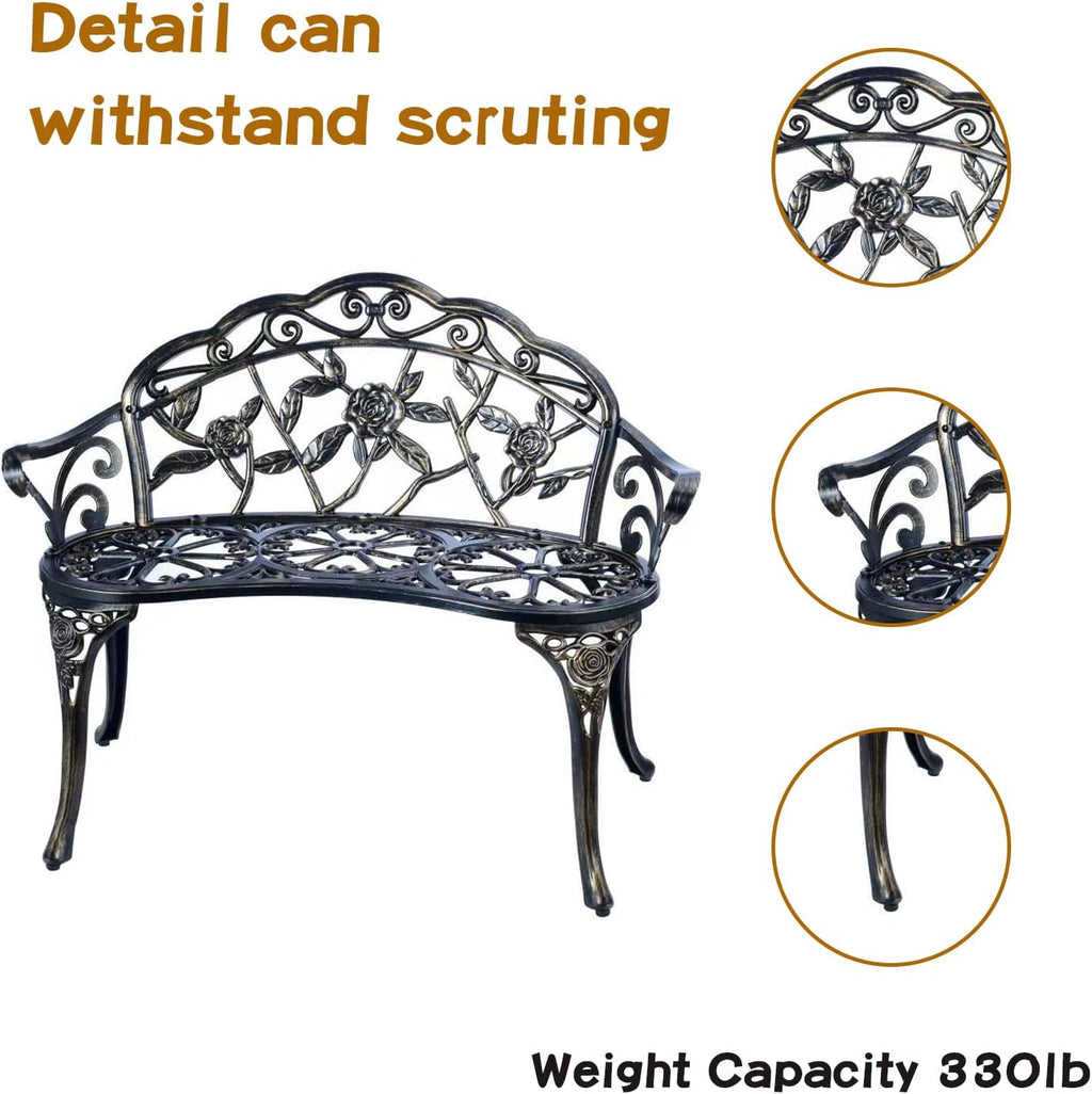 Cast Aluminum Floral Rose Outdoor Bench, Copper