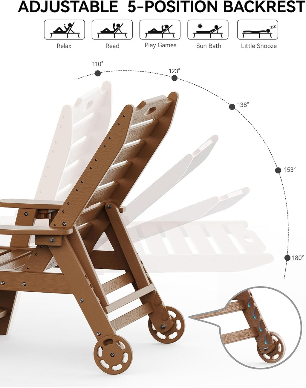 HDPE Patio Chaise Lounge with Wheels, Teak