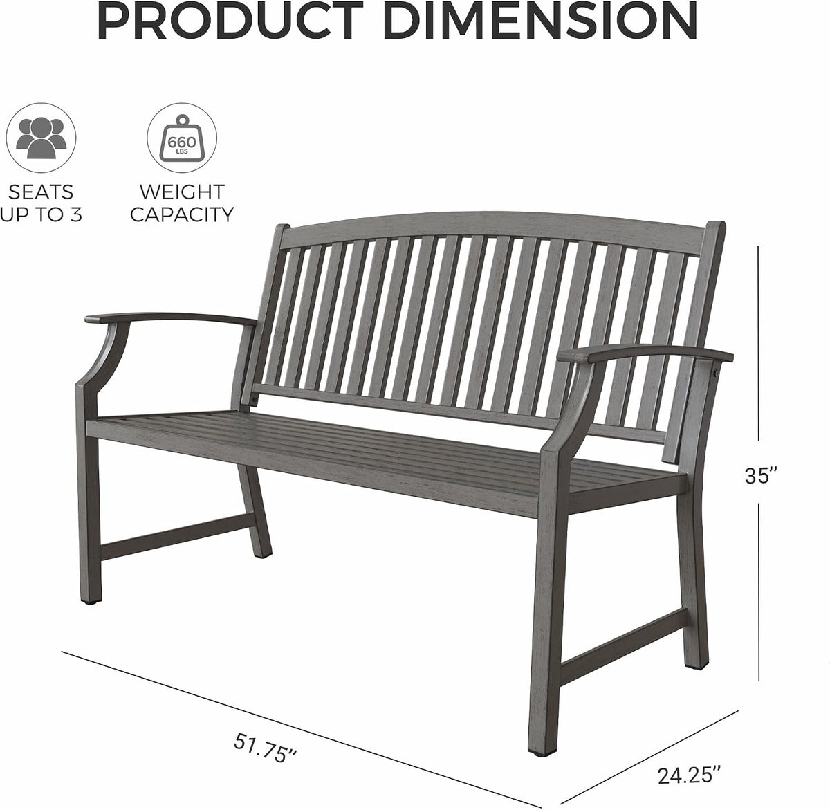 Farmhouse Faux Wood Grain Aluminum Bench, Gray