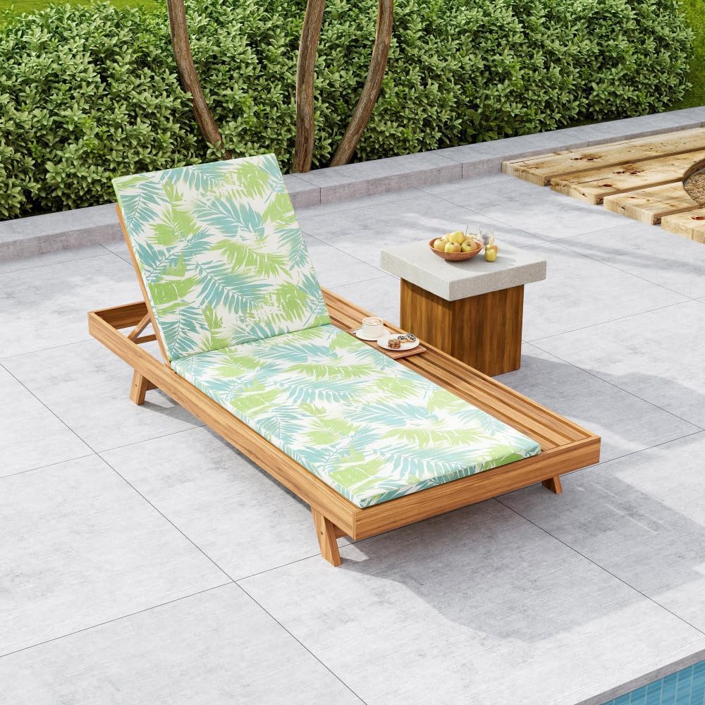 Wood Patio Chaise Lounge, Water‑Resistant Green Cushion