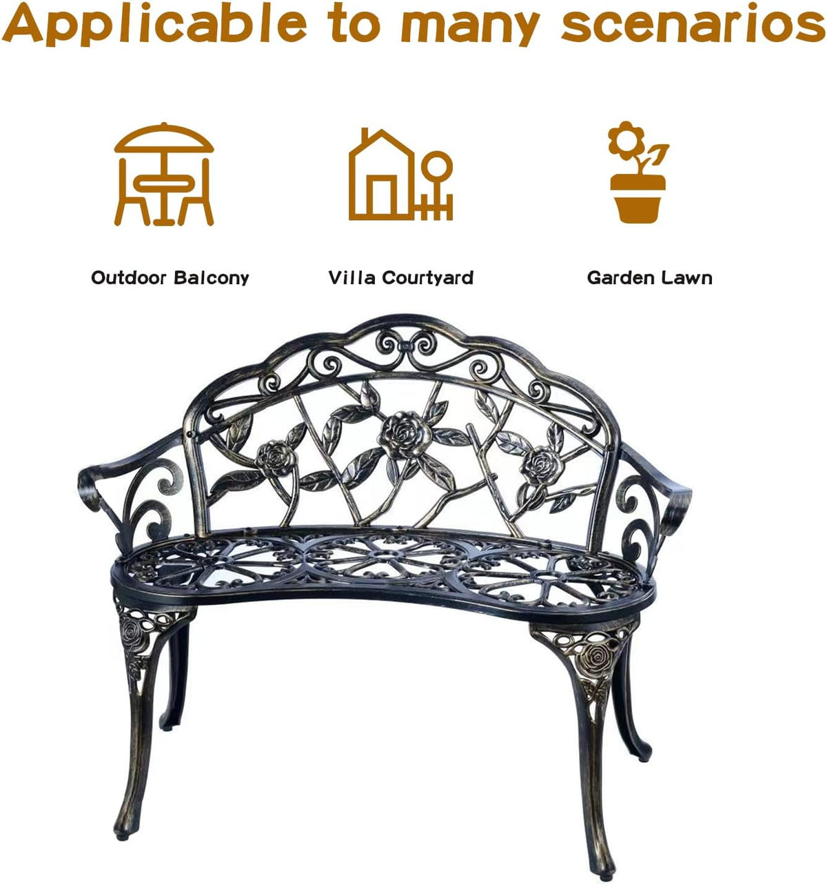 Cast Aluminum Floral Rose Outdoor Bench, Copper