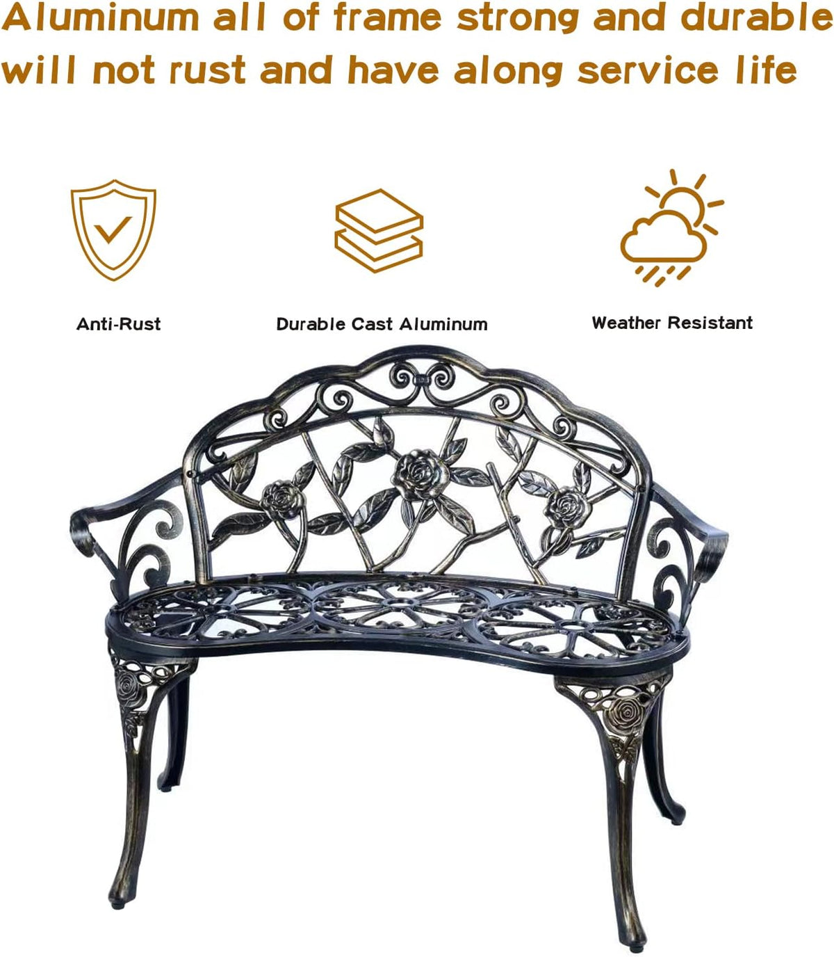 Cast Aluminum Floral Rose Outdoor Bench, Copper