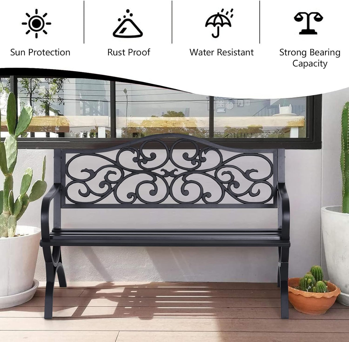 50" Floral Black Outdoor Patio Garden Bench