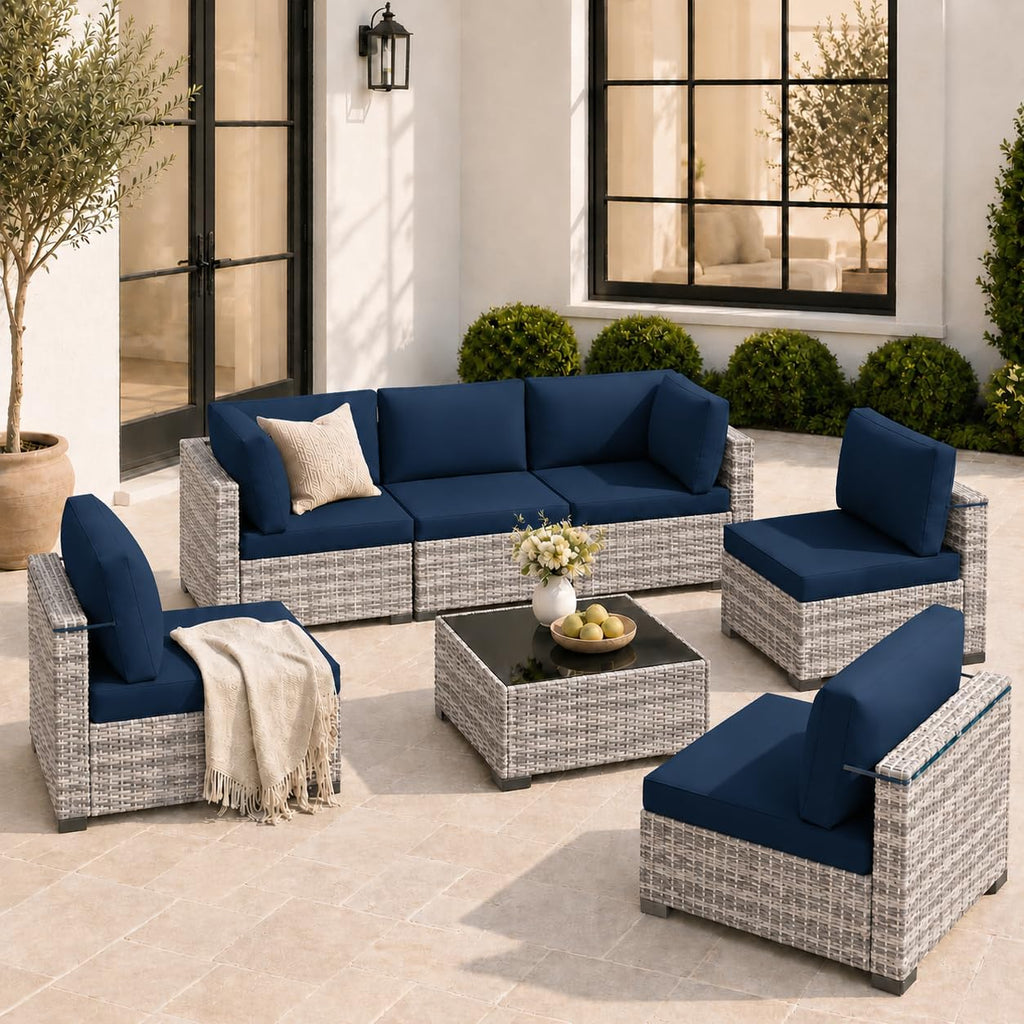 7‑Piece Wicker Patio Sectional Set with Table & Cushions