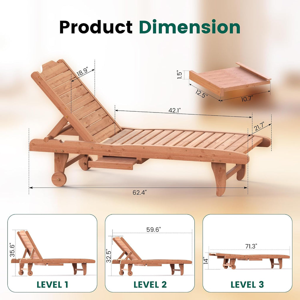 Wooden Patio Chaise Lounge with Side Tray & Wheels