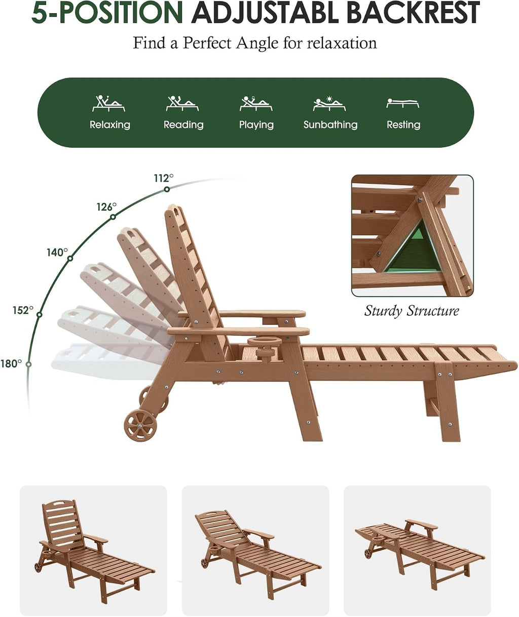 2‑Piece HDPE Patio Chaise Lounge, Teak Woodgrain