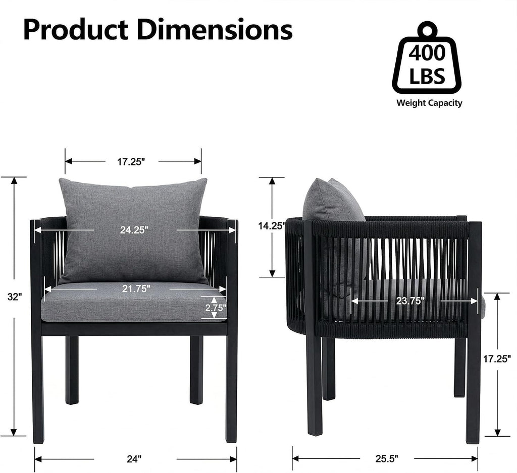 6‑Piece Rope Rattan Patio Dining Chairs, Black with Cushions