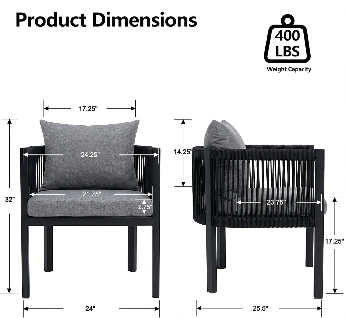 6‑Piece Rope Rattan Patio Dining Chairs, Black with Cushions