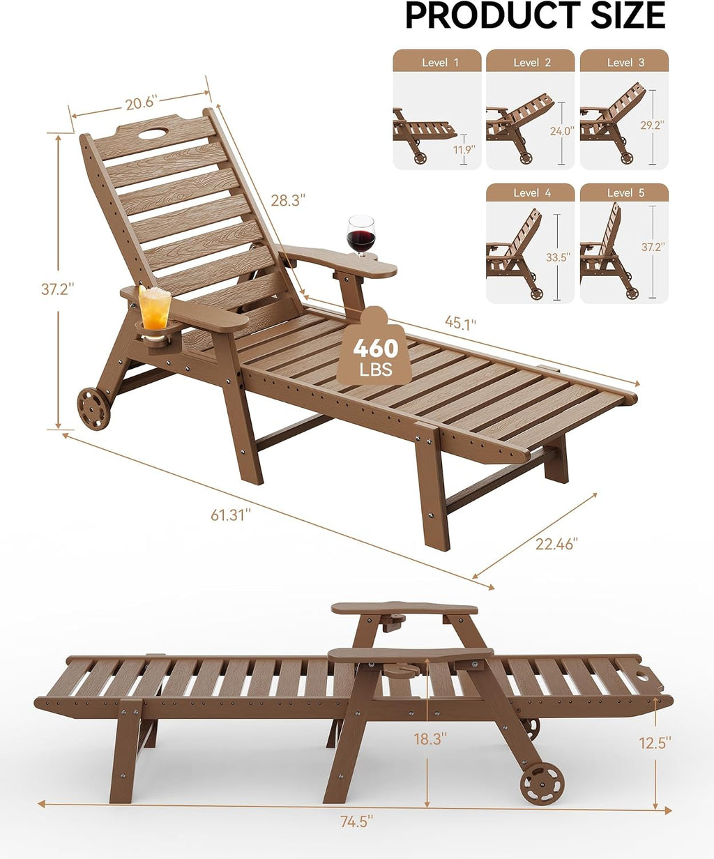 HDPE Patio Chaise Lounge with Wheels, Teak