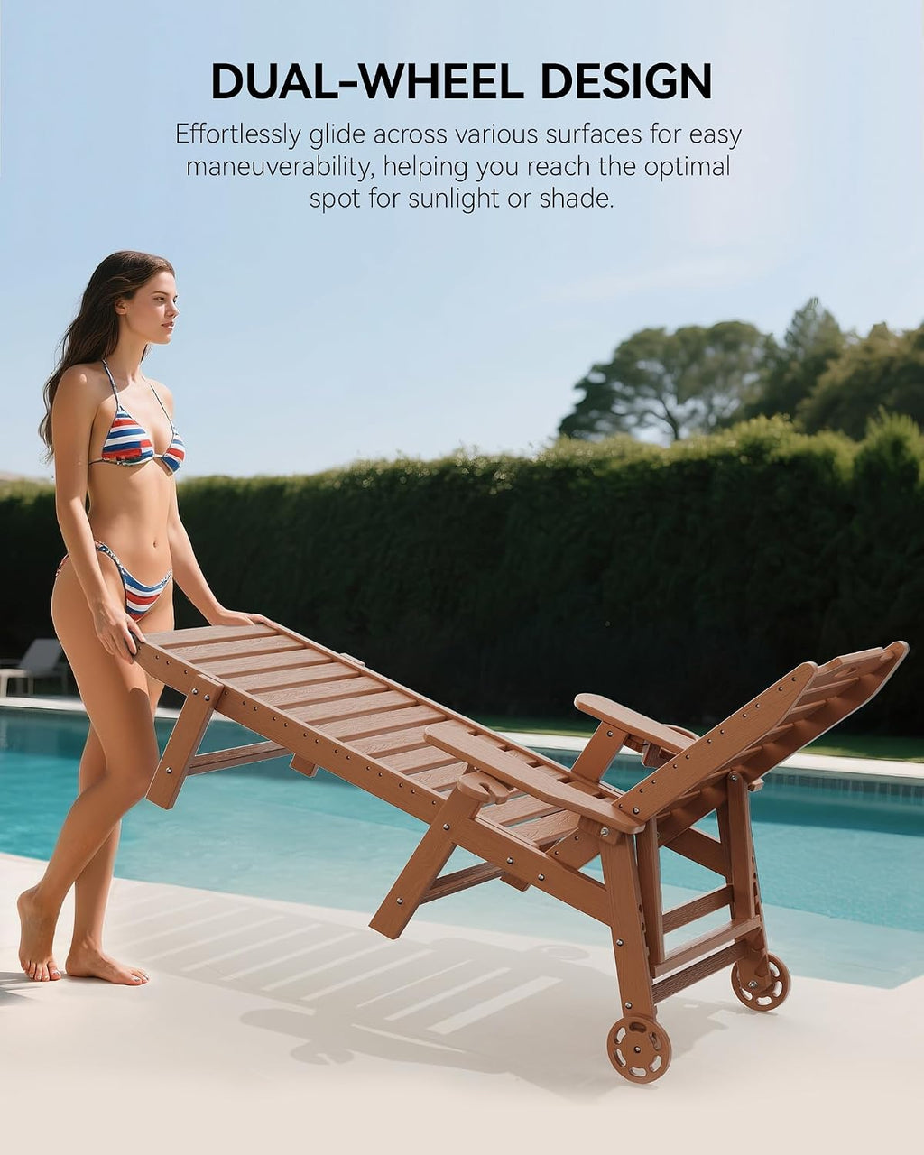 HDPE Patio Chaise Lounge with Wheels, Teak