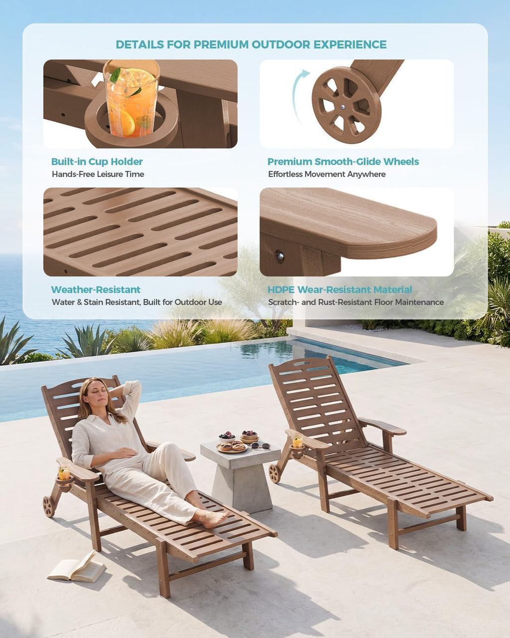 HDPE Patio Chaise Lounge, 350‑Lbs, Teak