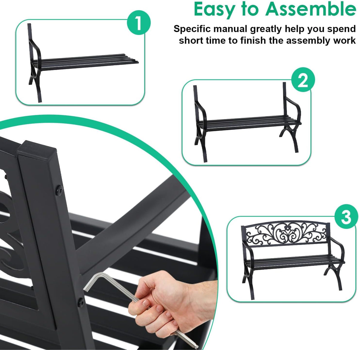 50" Black Outdoor Garden Bench, 485‑Lbs Capacity