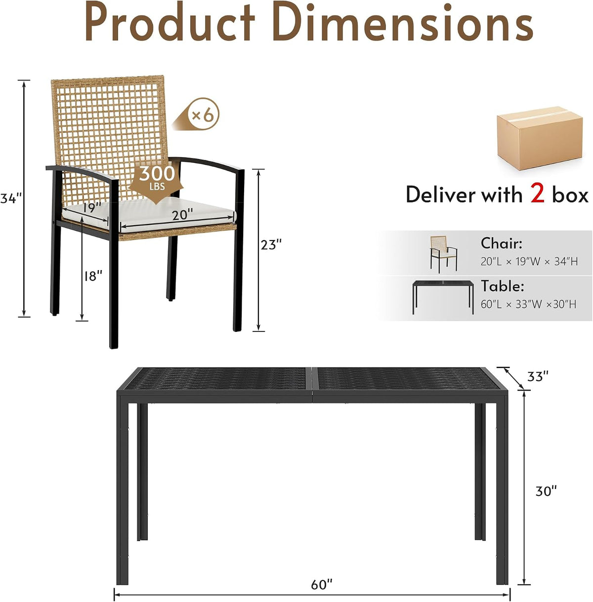 7‑Piece Wicker Patio Dining Set, Aluminum Woodgrain Table