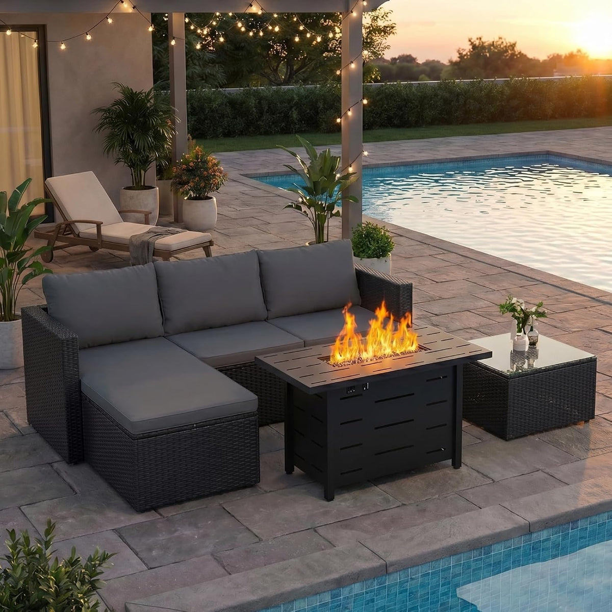 4‑Piece Wicker Patio Set with Fire Pit Table