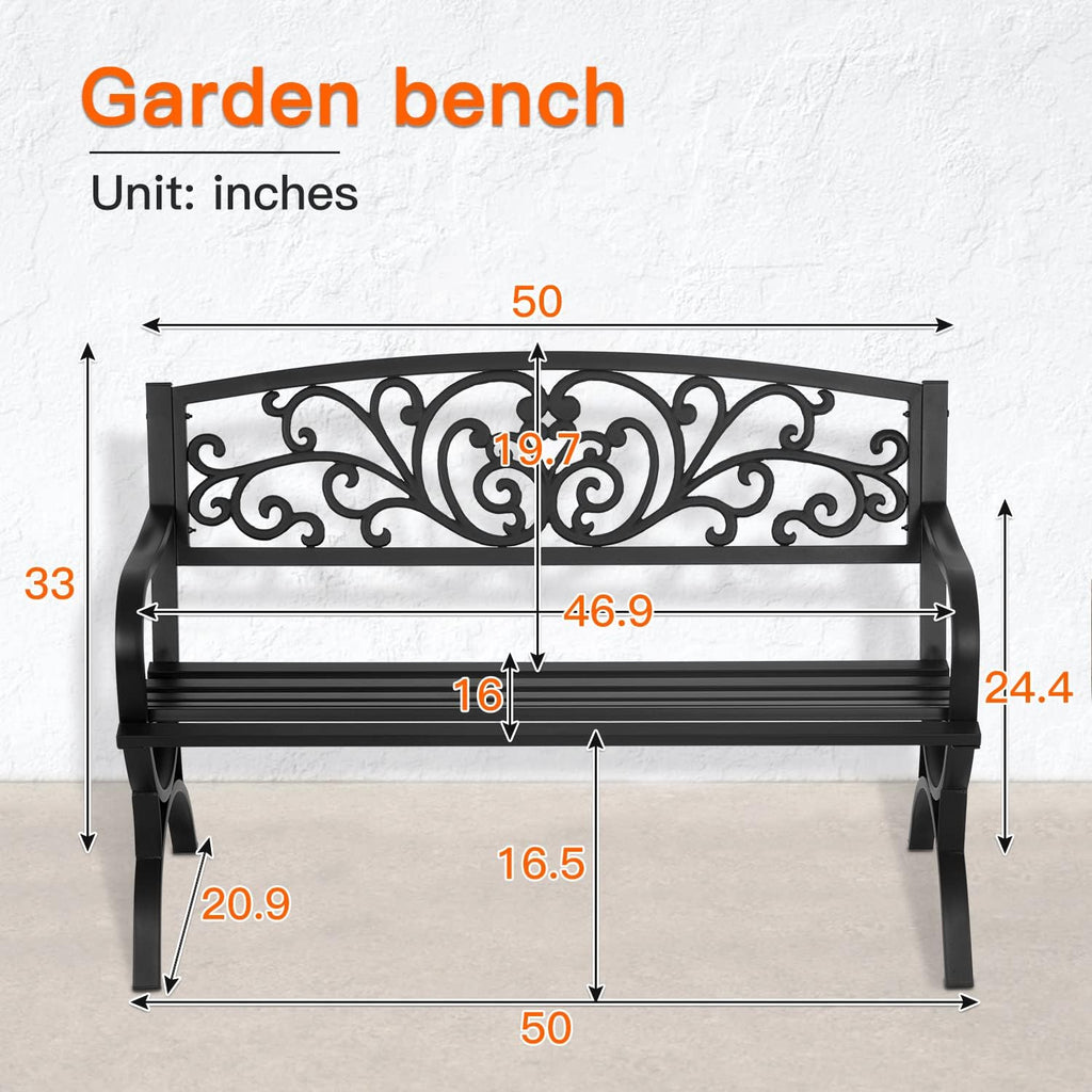 50" Floral Metal Outdoor Patio Bench, Black