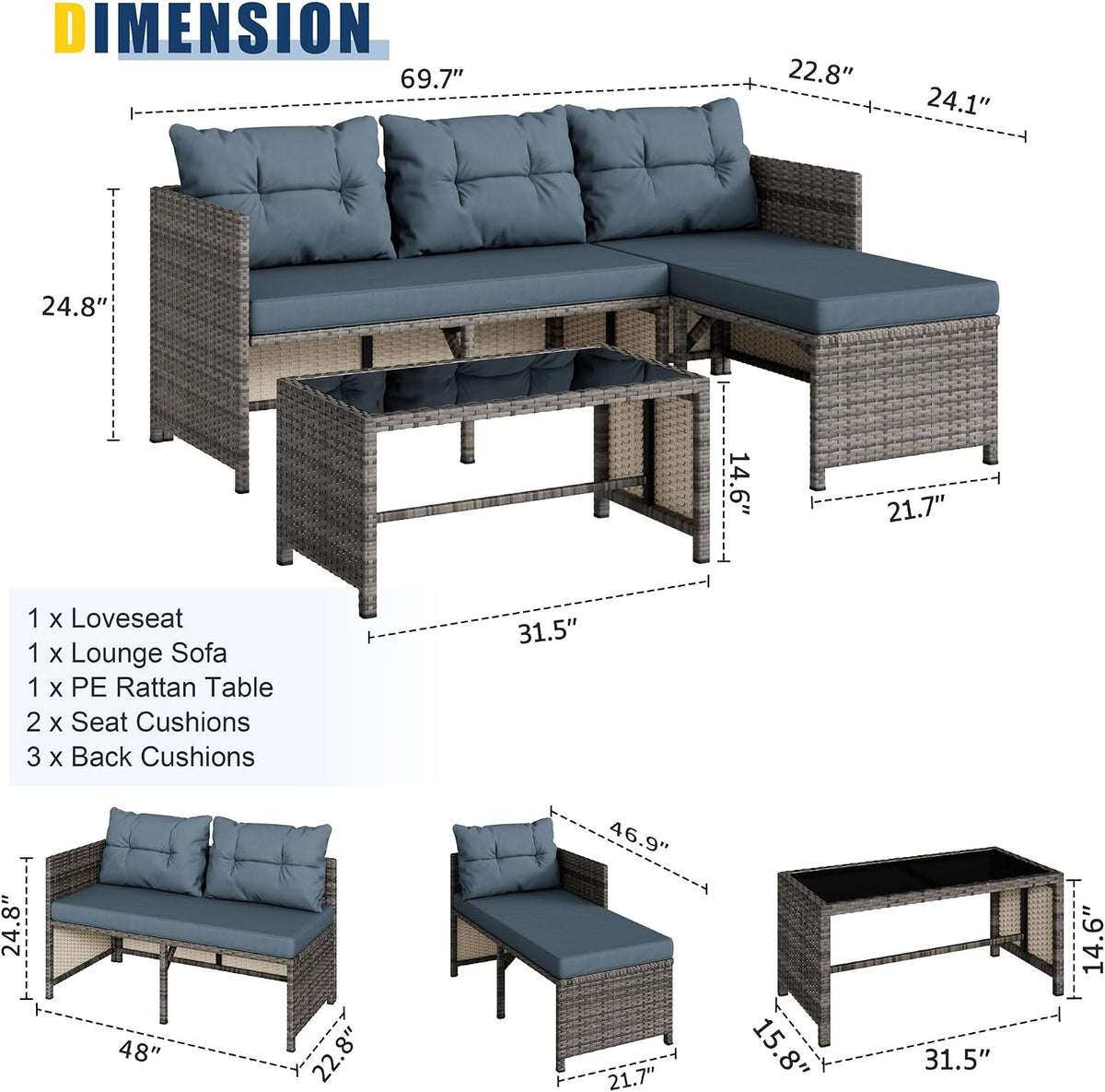 3‑Piece Wicker Patio Furniture Set with Cushions
