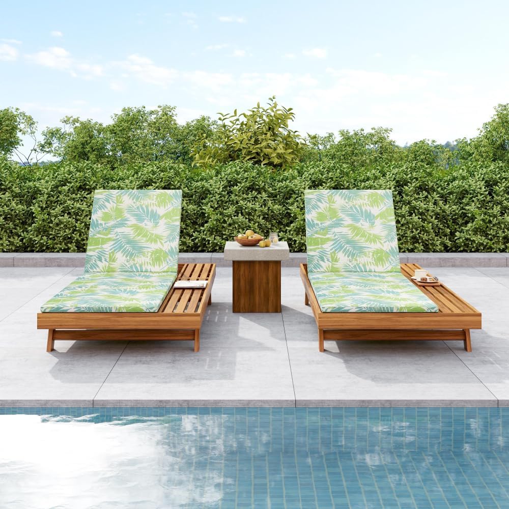 Wood Patio Chaise Lounge, Water‑Resistant Green Cushion