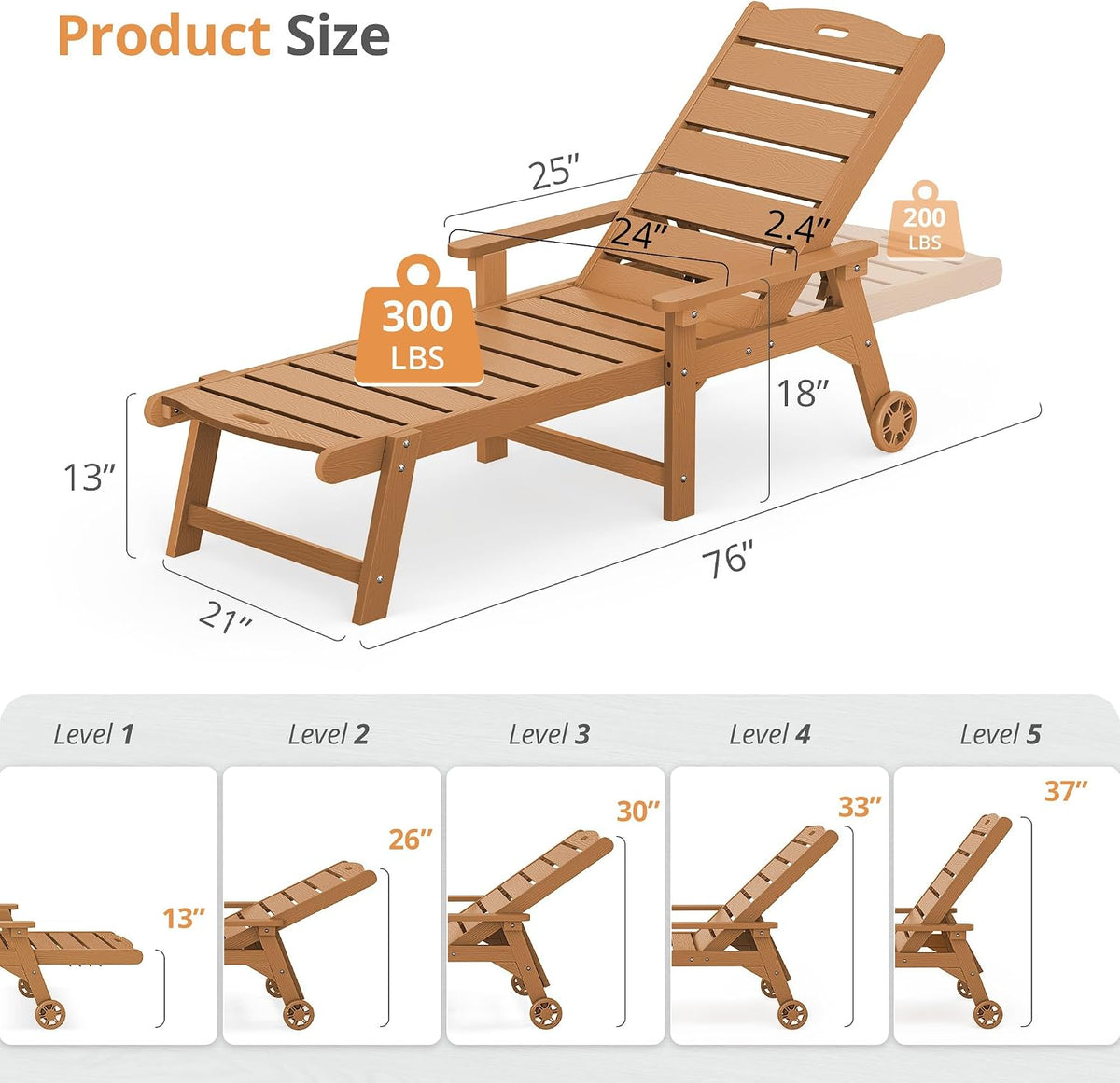 5‑Position Outdoor Patio Chaise Lounge