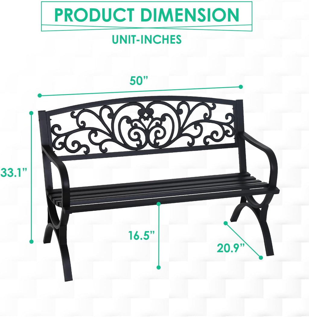 50" Black Outdoor Garden Bench, 485‑Lbs Capacity
