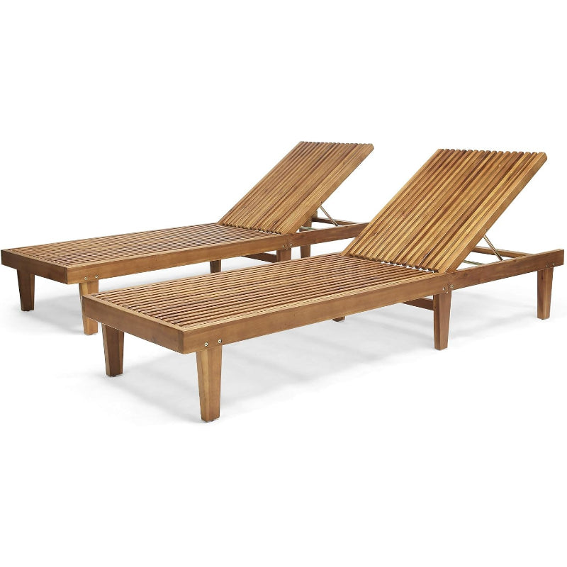 Outdoor Wooden Chaise Lounge, Set of 2 with Teak Finish