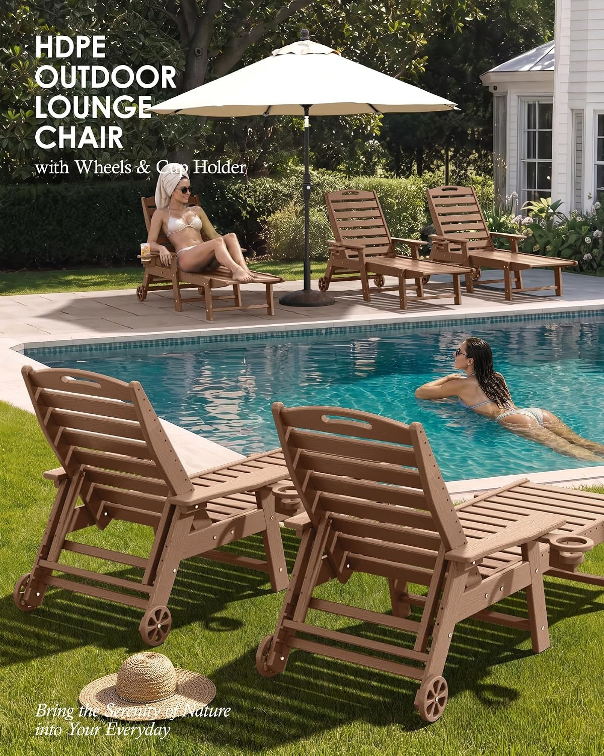 2‑Piece HDPE Patio Chaise Lounge, Teak Woodgrain