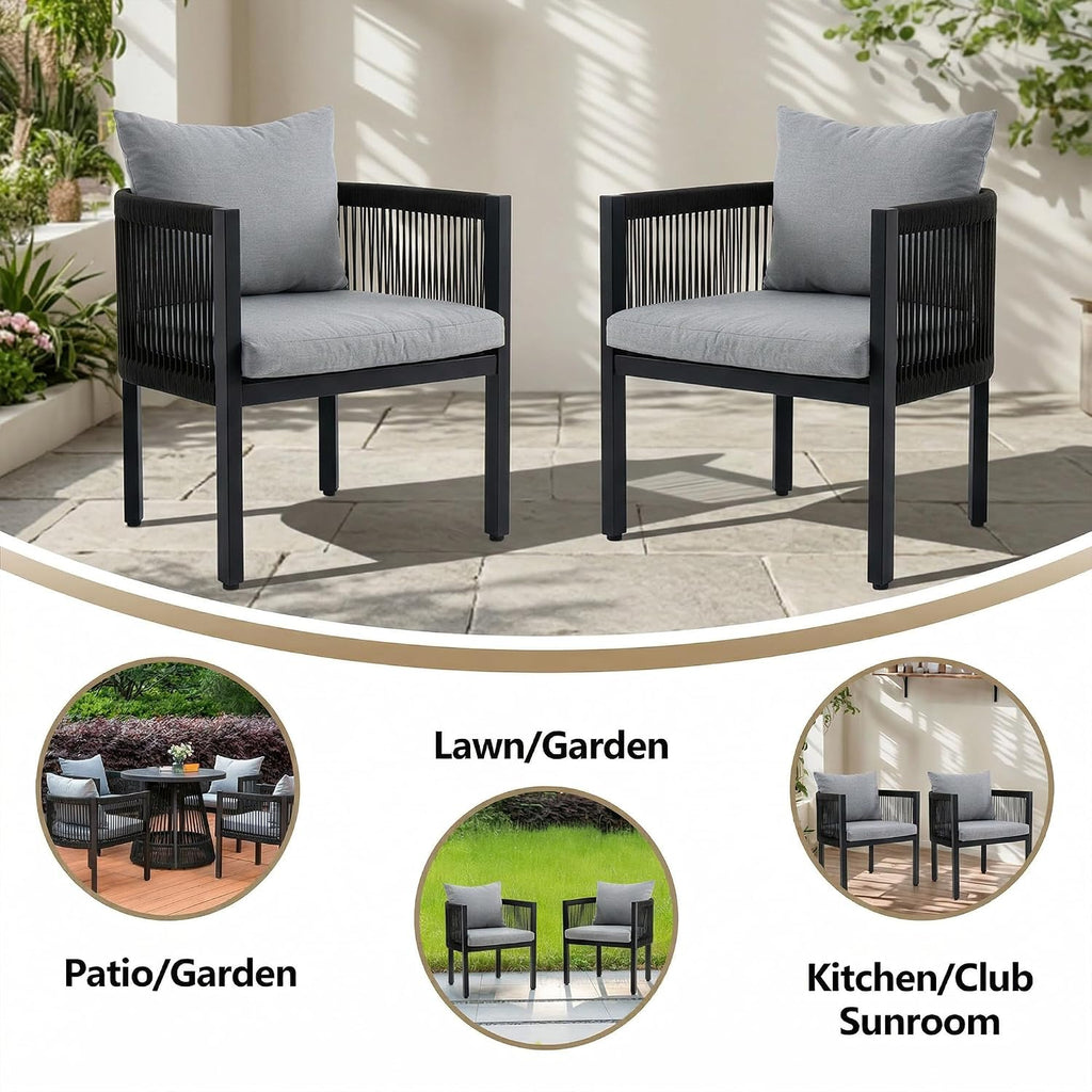 6‑Piece Rope Rattan Patio Dining Chairs, Black with Cushions