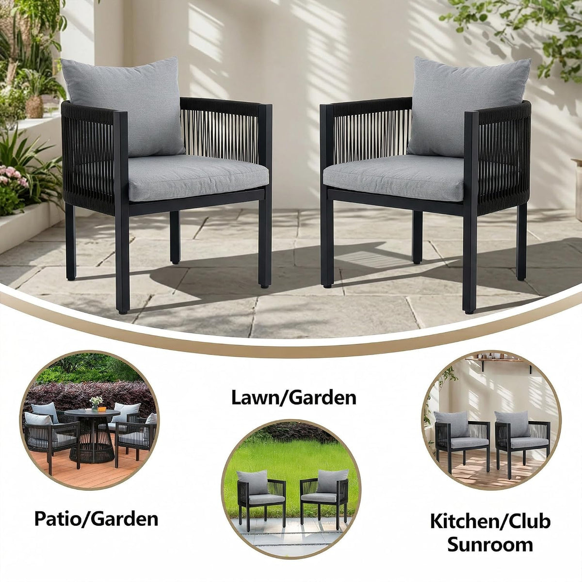 6‑Piece Rope Rattan Patio Dining Chairs, Black with Cushions
