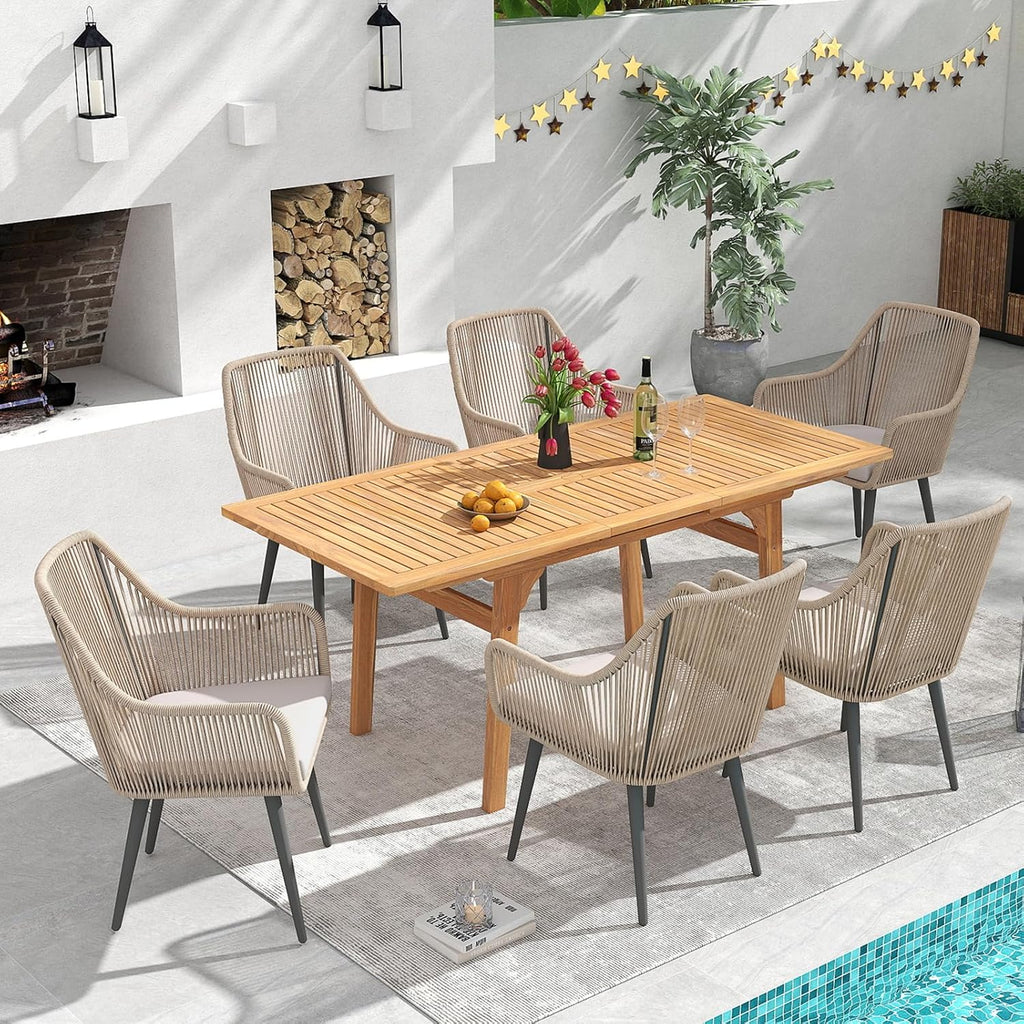 7‑Piece Patio Dining Set, Expandable Wood Table, Tan