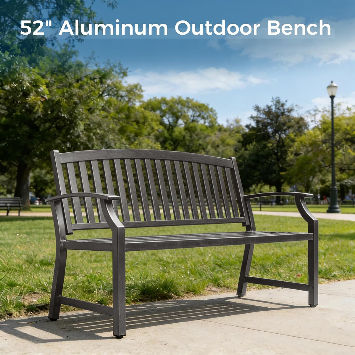 Farmhouse Faux Wood Grain Aluminum Bench, Gray