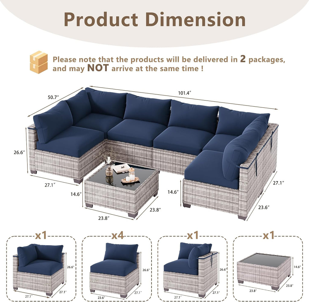 7‑Piece Wicker Patio Sectional Set with Table & Cushions